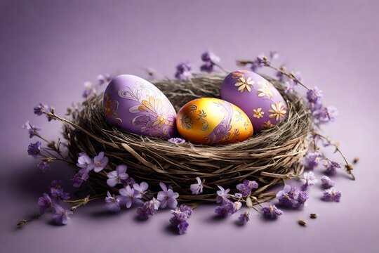 Delightful image of a beautifully crafted Easter egg nestled in a nest on the side, against a muted lavender background, providing a charming and flat surface for your festive message