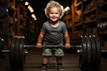 A baby boy showcases extraordinary strength as he lifts a heavy barbell, demonstrating determination and resilience beyond his years - obrazy, fototapety, plakaty