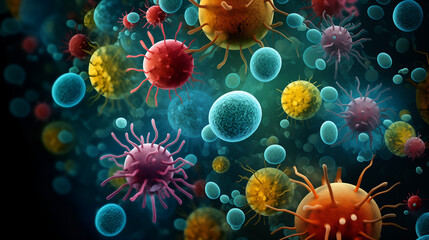 Fototapeta na wymiar Diverse array of bacteria and viruses shown in vivid microscopic view