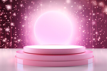 Pink podium 3d illustration background , mock up display with sparkle and glitter for beauty products or holiday event.	