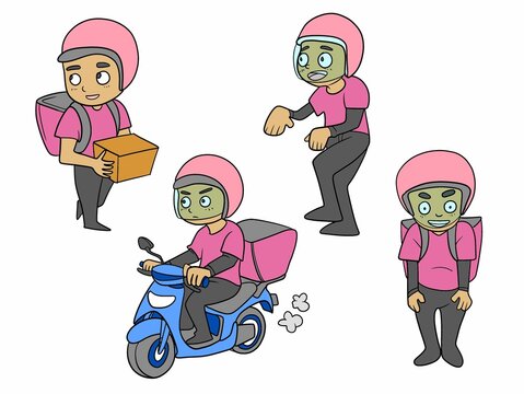 Young boy in a pink shirt and helmet, delivering parcels with a smile.