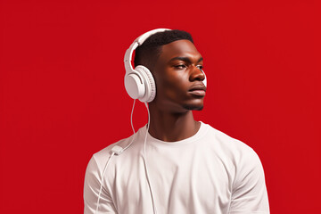 Young african american man listening to music with headphones on red background, Ai Generated