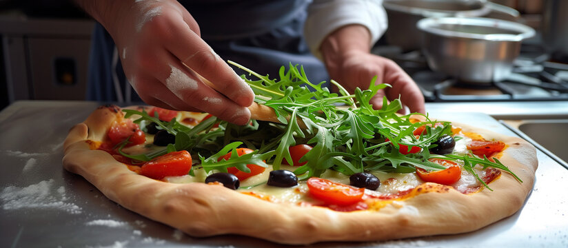 Hand finished gourmet pizza with fresh arugula, tomatoes and olives.