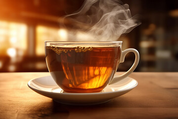 Steaming tea cup on table with warm sunlight.