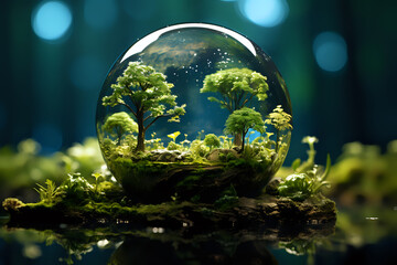 Eco-Friendly World Concept in Glass Sphere

A serene glass globe encapsulates a miniature lush forest, signifying eco-conservation, set against a blurred, moody blue background, 