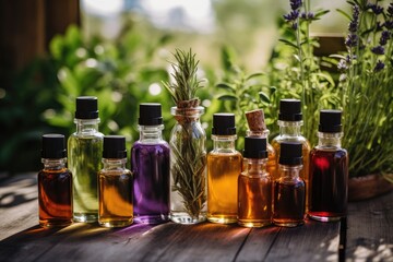 An assortment of essential oil bottles with fresh plants such as lavender, peppermint and rosemary