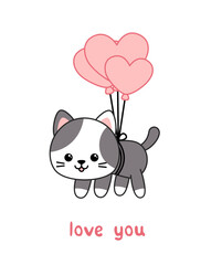 Valentine day card. Love you. Kitten is flying by balloon. Kawaii, cartoon, vector