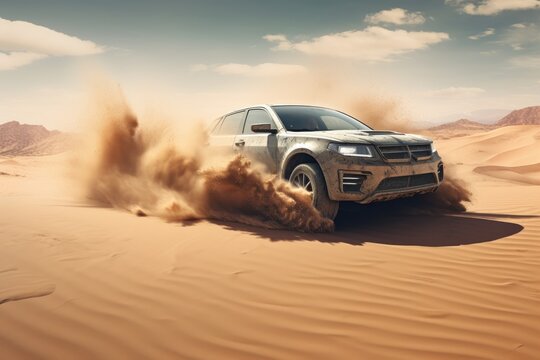 The car is drifting in the desert in the sand