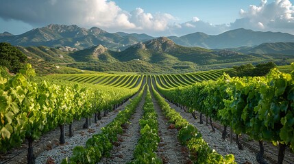 rows of green plants in a vineyard - Powered by Adobe