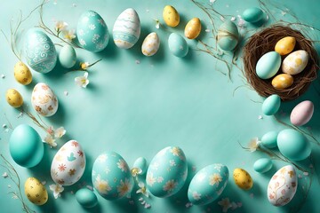 Light turquoise-hued ambiance adorned with whimsical Easter decorations and a variety of eggs, providing a magical backdrop for your celebratory text