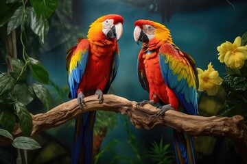 Obraz premium Two parrots sitting together on a branch in the rainforest. Colorful scarlet macaw parrots.