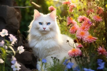 Naklejka na ściany i meble White cat with of flowers on the garden.