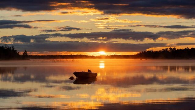Timelapse of sunset cloudy sky over a silhouette small boat in the reflecting water