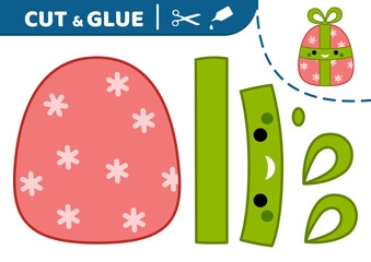 Red gift box with green bow. Cut and glue. Christmas gift. Squishmallow. Applique. Paper game. Vector