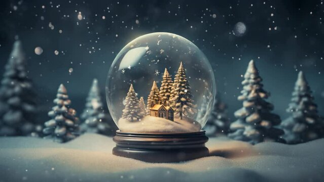 a snow globe on a beautiful snow landscape with trees and a snow fall effect winter background 4k video