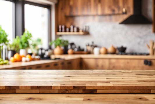 wood empty table in a ketchen blurred