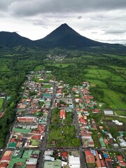 Aerial view of Fortuna, Costa Rica with Arenal volcano and Cerro Chato in the background