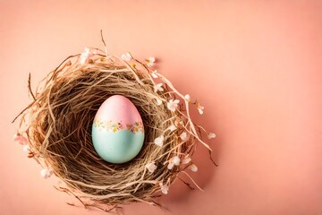 Top-down view of an adorable Easter egg nestled in a nest on the side, against a soft peachy-pink background, creating a heartwarming scene with ample copy space for your text - obrazy, fototapety, plakaty