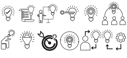 icon set, Idea icon set. Creative idea, brainstorming, solution, thinking and innovation icons. Lightbulb with brain symbol vector illustration. Solid icon collection