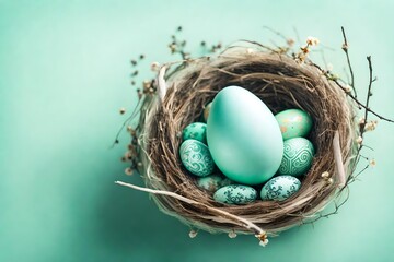 Elegant top view of a charming Easter egg nestled in a nest on the side, against a pale mint green background, creating a sophisticated scene with copy space for your festive text