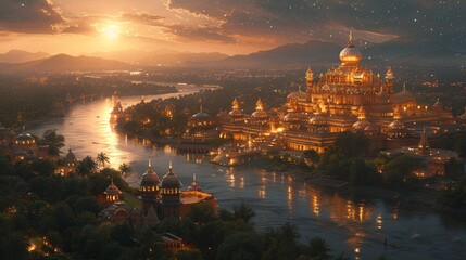 Glowing Cityscape at Sunset: A Spectacular View of the Golden Temple Generative AI