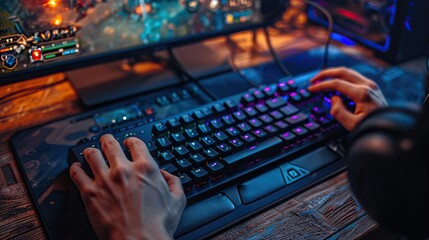 Close-up of a gamer's hands on an RGB-backlit keyboard and gaming mouse during an intense online multiplayer game, showcasing a high-action screen in the background.