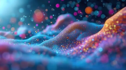 A mesmerizing abstract landscape with undulating waves dotted with sparkling, colorful particles creating a dreamlike bokeh effect. - obrazy, fototapety, plakaty