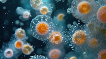 Naklejka premium A mesmerizing underwater photograph of translucent jellyfish with glowing centers, drifting gracefully in the deep blue sea.