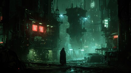 A solitary figure stands in a rain-soaked alley of a dystopian city, illuminated by the neon signs of a cyberpunk metropolis.