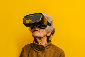 Elderly lady, who takes advantage of a vr glasses, virtual reality oculus with artificial intelligence, to help elderly people