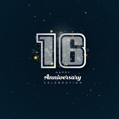 16th Anniversary celebration, 16 Anniversary celebration in black BG, stars, glitters and ribbons, festive illustration, white number 16 sparkling confetti, 16,17