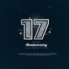 17th Anniversary celebration, 17 Anniversary celebration in black BG, stars, glitters and ribbons, festive illustration, white number 17 sparkling confetti, 17,18