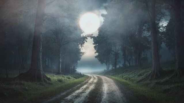 haunted place forest moon and road the side is grass. seamless looping time-lapse animation video background
