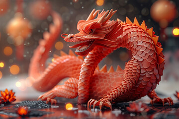 Obraz premium Super realistic origami dragon art for Chinese New Year wallpaper. Vibrant red and orange colors symbolizing prosperity.Dragon on ornamental background.