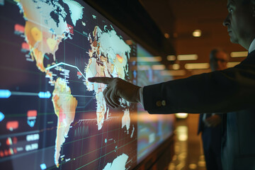 Global finance map with interactive touch screen access to news and information from around the world