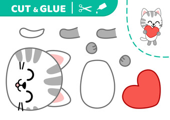Cut and glue kitten is holding heart. Applique. Paper game. Vector