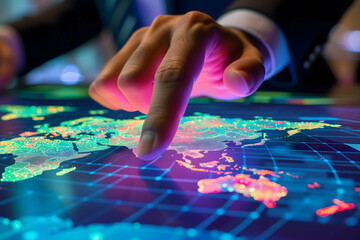 Fototapeta premium Global finance map with interactive touch screen access to news and information from around the world