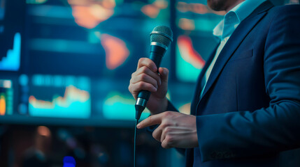 Confident investor or businessman holding microphone presenting business plan, digital financial growth data and information