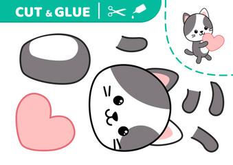 Cut and glue cat and heart. Applique. Paper game. Vector