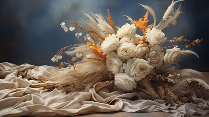 still life with white dry flowers on fabric background
