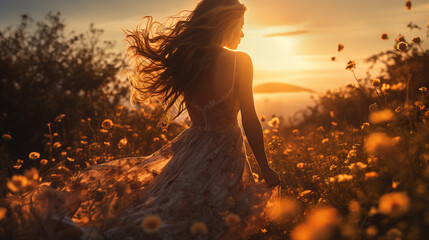 young woman in a white dress at sunset in the field