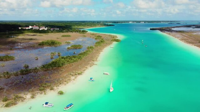 Aerial Drone footage of the Pirate Channel of Bacalar Quintana roo,
Cancun, in Riviera Maya, Mexico
Lagoon of seven colors aerial view.