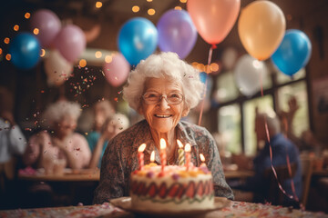 Birthday party, beautiful elderly woman celebrating years of life, lots of joy, sweets and cakes