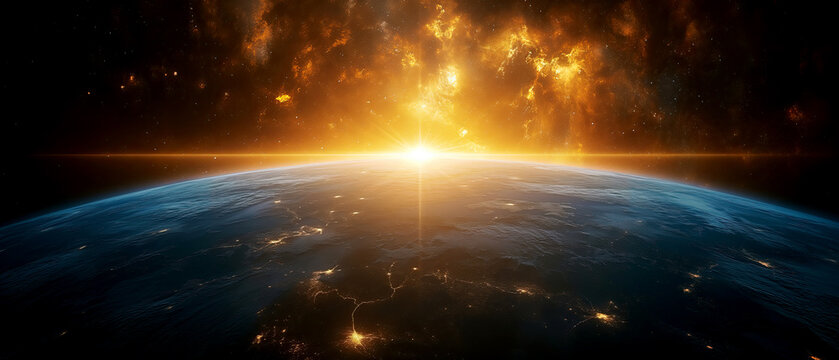 Sunrise over the Earth. An imaginary view of planet Earth in outer space with the rising sun.
