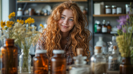 Smiling Herbalist in Botanical Workshop. Generative AI