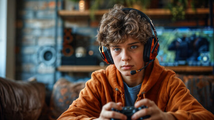 Teenager Playing Video Games with Headset. Generative AI - obrazy, fototapety, plakaty