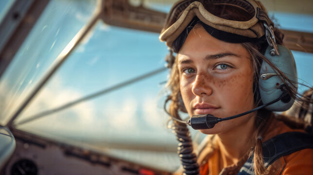 Young Female Pilot in Cockpit with Headset. Generative AI