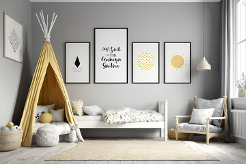 mock up of poster frame in children's bedroom, Scandinavian style interior background, 3D render, 3D illustration