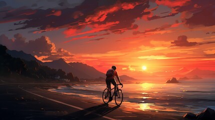 Amidst a digital sunset, the racing bicycle cruises along a virtual coastline, blending speed with serene surroundings in an world.