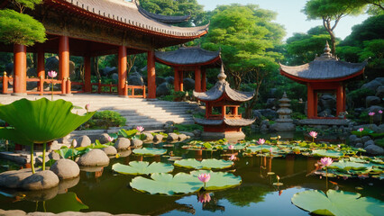 Fototapeta premium an asian garden with lots of water lillies